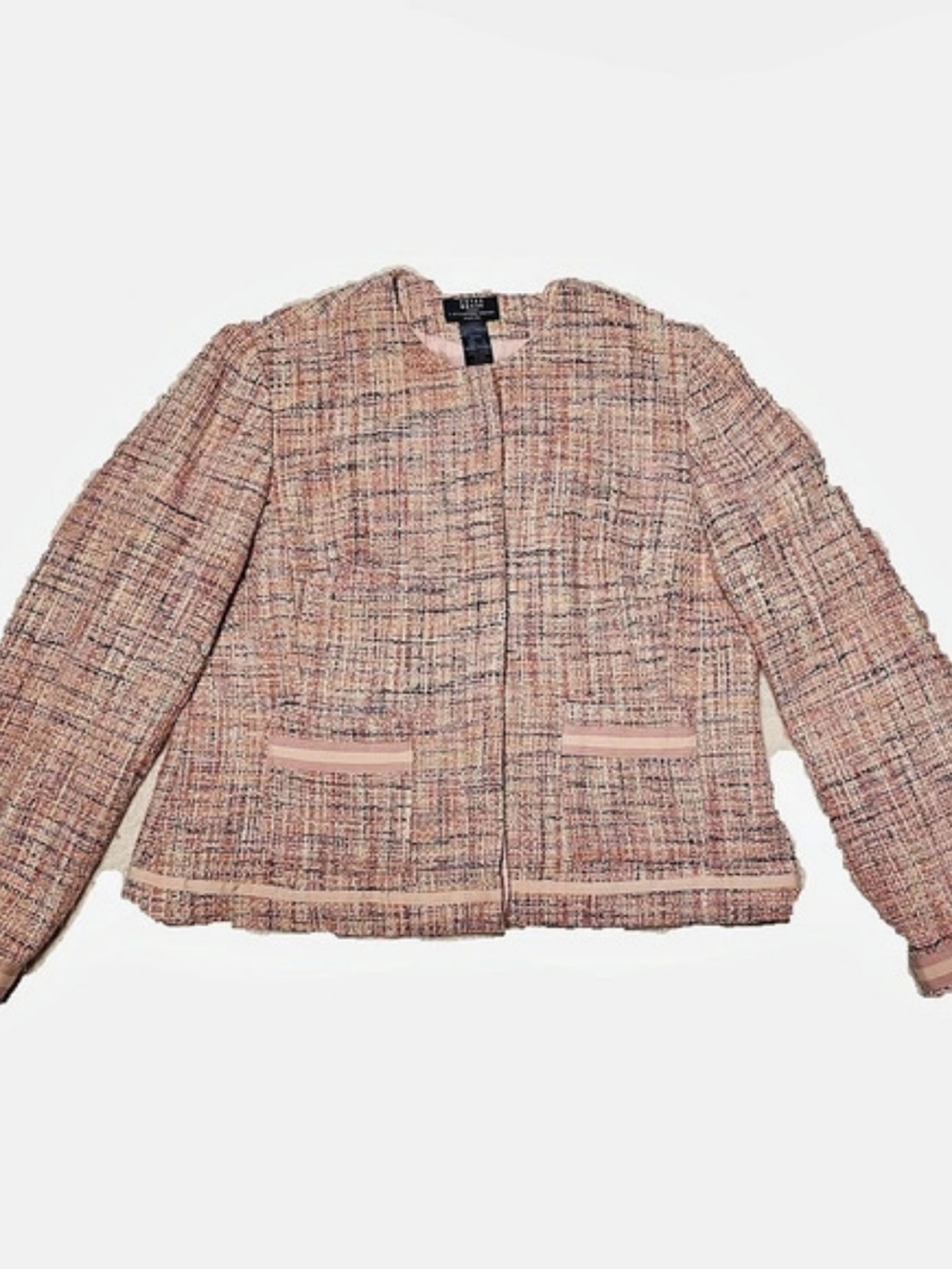 Pink Tweed Jacket Petite L Barbiecore Cropped Collarless Ribbon Trim Lined